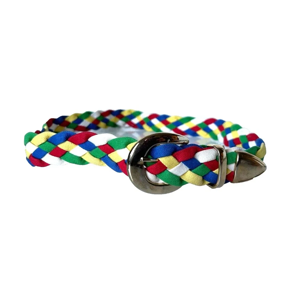 Vintage 70s-80s Belt Colorful Braided Fabric Metal Buckle Tip Waist 30-32 S VGUC